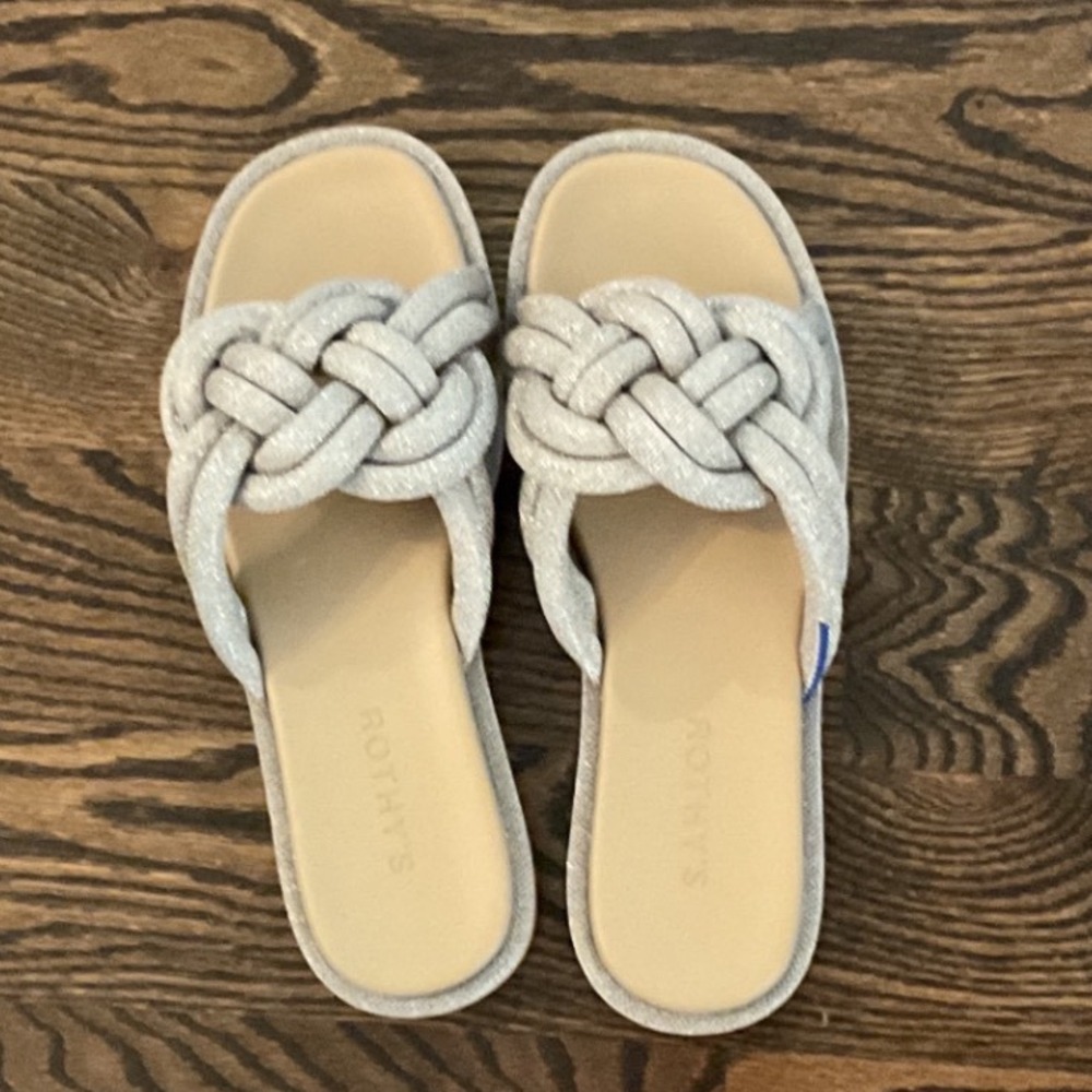 Rothy's The Knot Slide Metallic Silver Sparkle Braided Sandal Womens 7.5